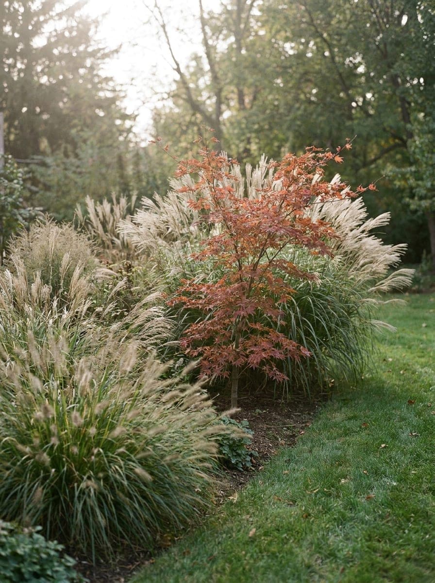 Ornamental grasses and a Japanese maple in a designed planting border
