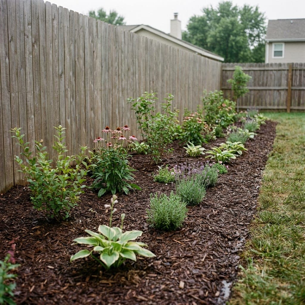 A designed garden border with colorful perennials and shrubs
